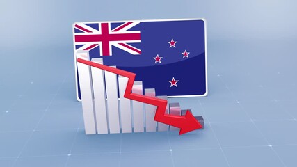 New Zealand Country Flag and Bar Chart Graph Showing Decreasing Values a Red Arrow Economic Crisis Concept - Powered by Adobe