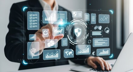 Secure Digital Interface A professional's hand interacting with a virtual interface, symbolizing data protection and cybersecurity, enhancing digital security measures
