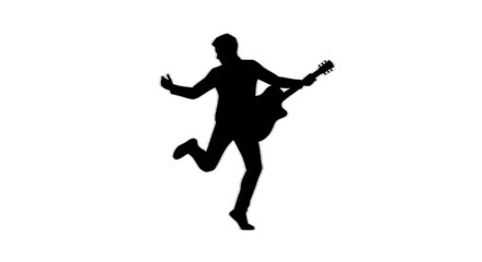 Silhouette of a man jumping while playing a guitar on a black background in the dark