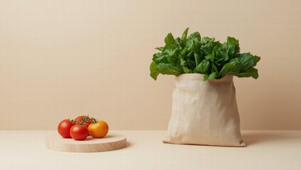 Fresh tomatoes and greens presented on wooden surface inside a paper bag. Ideal for food blogs, recipes, cooking tips, and grocery ads.
