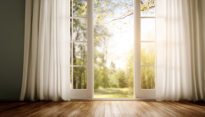 Obraz premium Soft morning light fills a peaceful room, highlighting the greenery outside while draped white curtains enhance the tranquil atmosphere