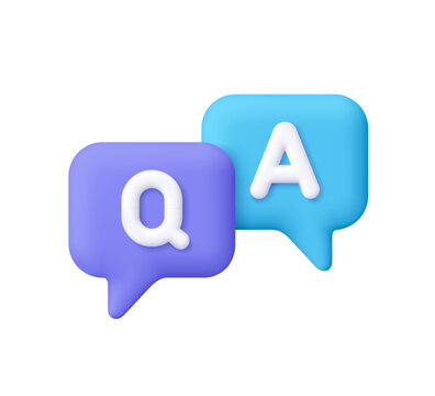 Purple and blue speech bubbles with letters Q and A, question and answer. Communication, support, FAQ, help desks concept. 3d vector icon. Cartoon minimal style.