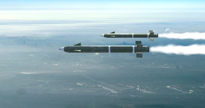 Strategic ballistic missiles flying over industrial region. War And Weapons Related 3D Animation.