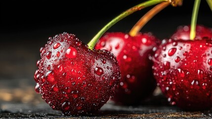 Ripe Cherries with Water Droplets