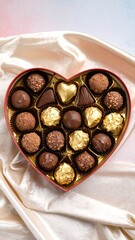 A heart-shaped box overflowing with assorted chocolates, displayed beautifully on a smooth, cream-colored fabric background.