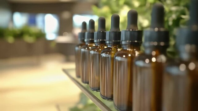 A row of amber glass bottles with droppers sit on a shelf, awaiting use in cosmetics or medicine, with greenery adding a natural touch.