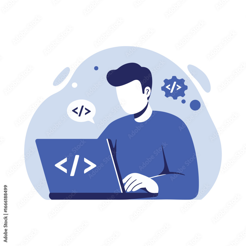 Poster a person sits at a laptop, focused on coding, with abstract background elements
