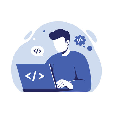 A person sits at a laptop, focused on coding, with abstract background elements