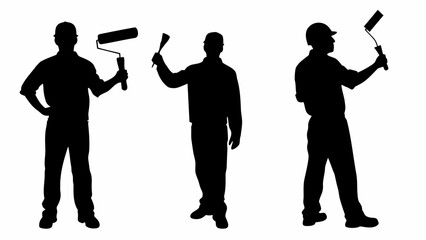 Silhouetted painters in various poses holding painting tools against a white studio backdrop scene view | editable eps vectors