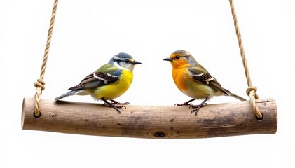 Obraz premium Two small birds rest on weathered wooden hanging structure, pure white background , minimalist, small