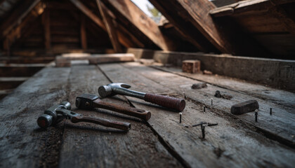 Hand tools are arranged on a weathered wooden surface in an attic, reflecting a renovation or DIY project in progress