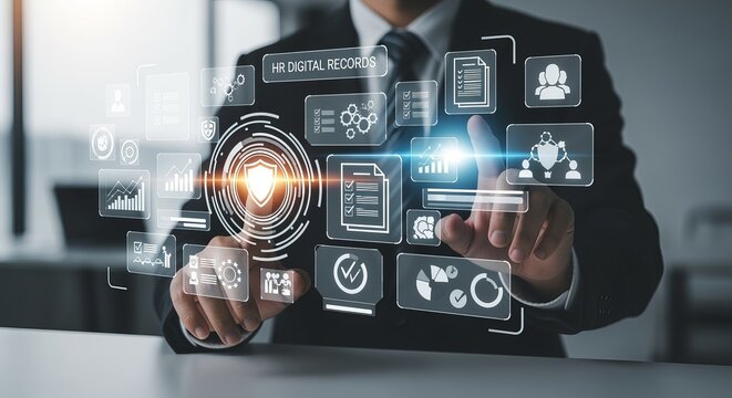 Digital HR Records Navigating Human Resources with Technology in a Modern Office Setting