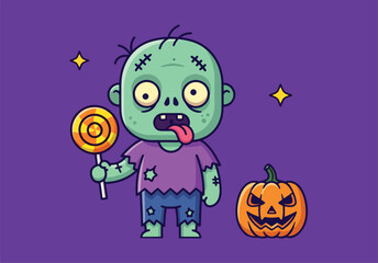 Cartoon zombie holding a lollipop next to a carved pumpkin, set against a purple background with stars.