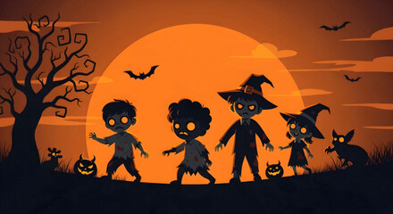 Halloween illustration playful zombie kids and witch characters on a moonlit walk, full orange moon, spooky trees, bats, glowing pumpkins