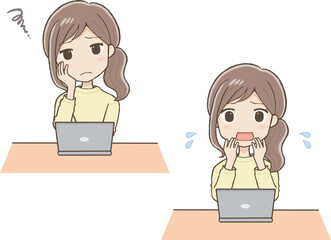 Woman in yellow clothes thinking and panicking in front of a laptop