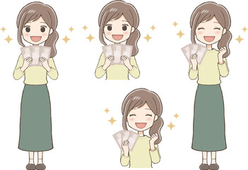 Woman in a long skirt smiling and holding banknotes