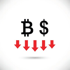 Obraz premium Vector of bitcoin and dollar currency with falling down arrows. Icon of recession.new