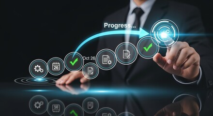 Obraz premium Professional in Business Touching Progress Checklist Icons and Documents to Visualize Advancement, Planning, Strategy, and Success in the Workplace