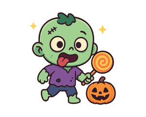 A cute, green zombie baby joyfully carries a lollipop and a jack-o'-lantern, celebrating Halloween.