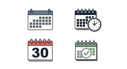 Vector art of collection of calendar icons representing dates, time, and planning