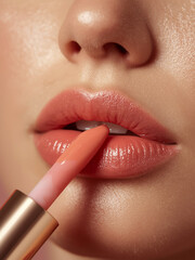 Naklejka premium A hyper-realistic peach-colored lipstick with smooth, glossy finish, its tip shining under professional studio lights.