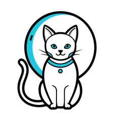 Obraz premium Minimalist White Cat with Blue Accents Sitting in Front of a Teal Circle and Bubble - Modern Logo Design