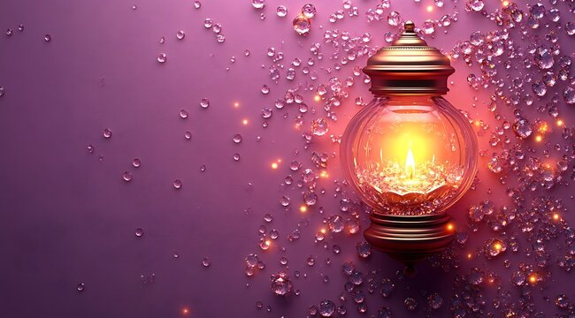Glowing candle in glass lantern surrounded by sparkling pink crystals and bokeh lights