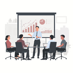 A presentation in a conference room with a projector screen showing graphs and charts to a group of people