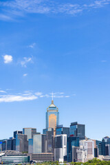 Hong Kong Wanchai district business building, Central Plaza, financial hub, commercial office building under blue sky in day time, corporate brochure usage