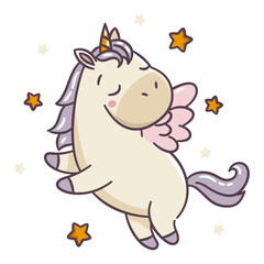 A cute unicorn with wings flying across the sky, surrounded by stars, flat vector illustration in a cute kawaii style on a white background. Vector illustration