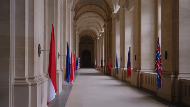 National flags decorating a palace hallway