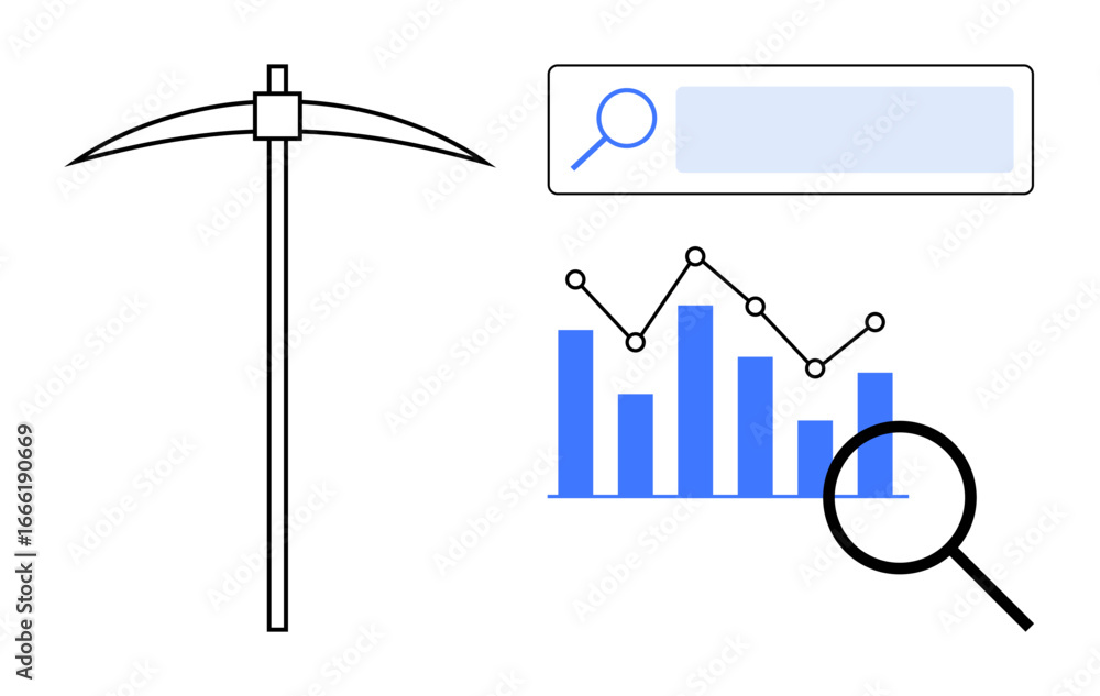 Poster pickaxe, search bar, bar chart with line graph, and magnifying glass represent data mining, analytic