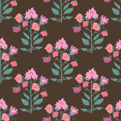 Seamless repeat of upright teal-stemmed sprigs with pink and mauve blossoms on deep chocolate brown. Clean flat shapes create a gentle contemporary floral for fabric and wallpaper.