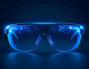 Digital Futuristic Glasses Glowing Blue on a Dark Background Representing High Tech Innovation