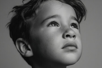 young boy gazes upwards with eyes filled with despair against clean monochromatic background