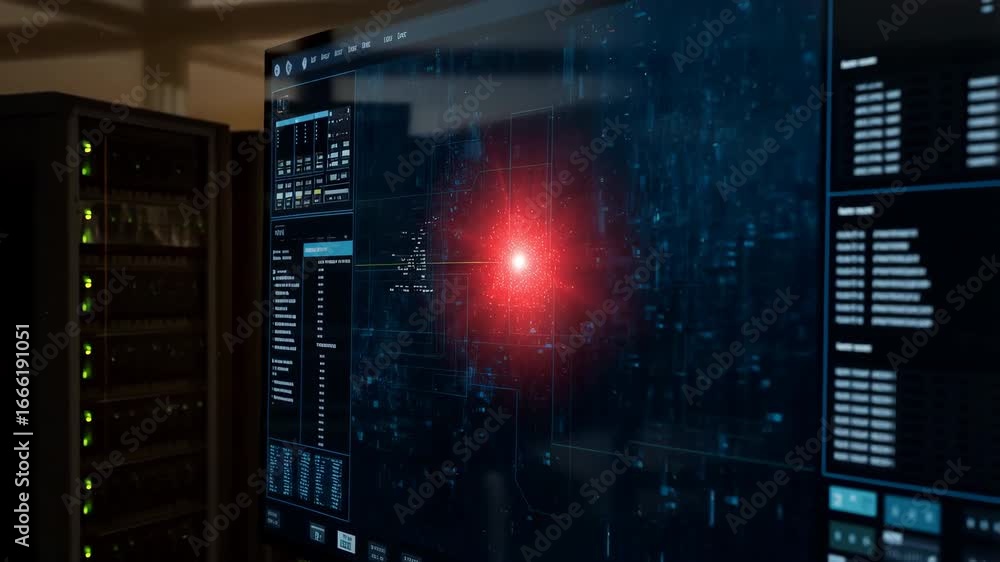 Poster server room computer showing red alert on monitor