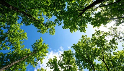 Fototapeta premium Lush green trees canopy against a bright blue sky