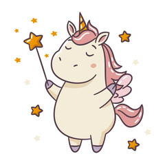 A cute unicorn with wings stands holding a magic wand, surrounded by stars, a flat vector illustration in a cute kawaii style on a white background. Vector illustration
