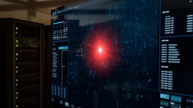 Server room computer showing red alert on monitor