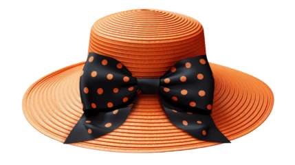 Straw hat with orange polka dots isolated on white background

