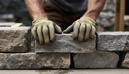 A person wearing gloves meticulously places a stone to construct a solid wall in a workshop setting, showcasing skilled craftsmanship