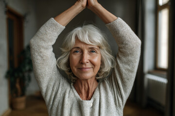 elderly woman practices gentle yoga at home embodying tranquility and acceptance in her serene space