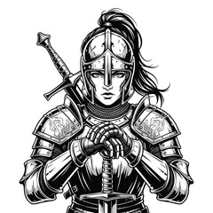 Fototapeta premium Vector art of woman knight in full armor with sword, ready for battle, illustration