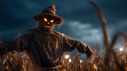 Scarecrow with glowing eyes standing in the pumpkin patch at night, Halloween concept. Digital illustration of scarecrows and cornfields for Halloween celebration design background