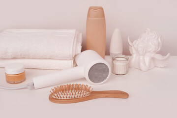 modern white hairdryer, hygiene items, Beauty tools and accessories for fresh, clean look, personal...