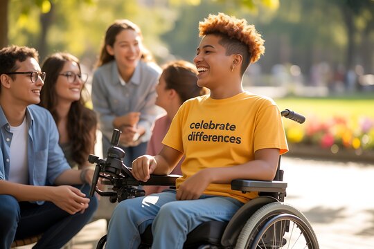 Diverse friends sharing joyous laughter outdoors, promoting inclusivity and acceptance with a vibrant spirit of togetherness.