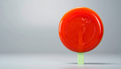 Refreshing Red Lollipop: A close-up view of a vibrant red lollipop on a stick. The candy is positioned against a clean background, suggesting a delicious treat or sweet indulgence. 