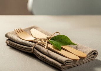 Photo of rustic wooden cutlery set tied with twine on a beige napkin, featuring a green leaf, perfect for ecofriendly and sustainable dining experiences