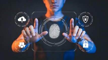 Person touching digital fingerprint security interface technology