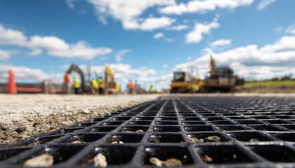 Workers in safety gear operate heavy machinery on a construction site, coordinating activities amidst a clear sky and vibrant surroundings